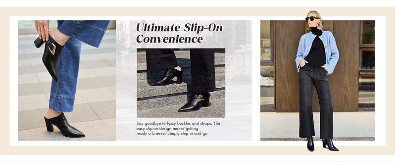 Coutgo Womens Mules Boots Chunky Stacked Heel Pointed Toe Booties Slip On Dress Boot Shoes with Buckle Decoration