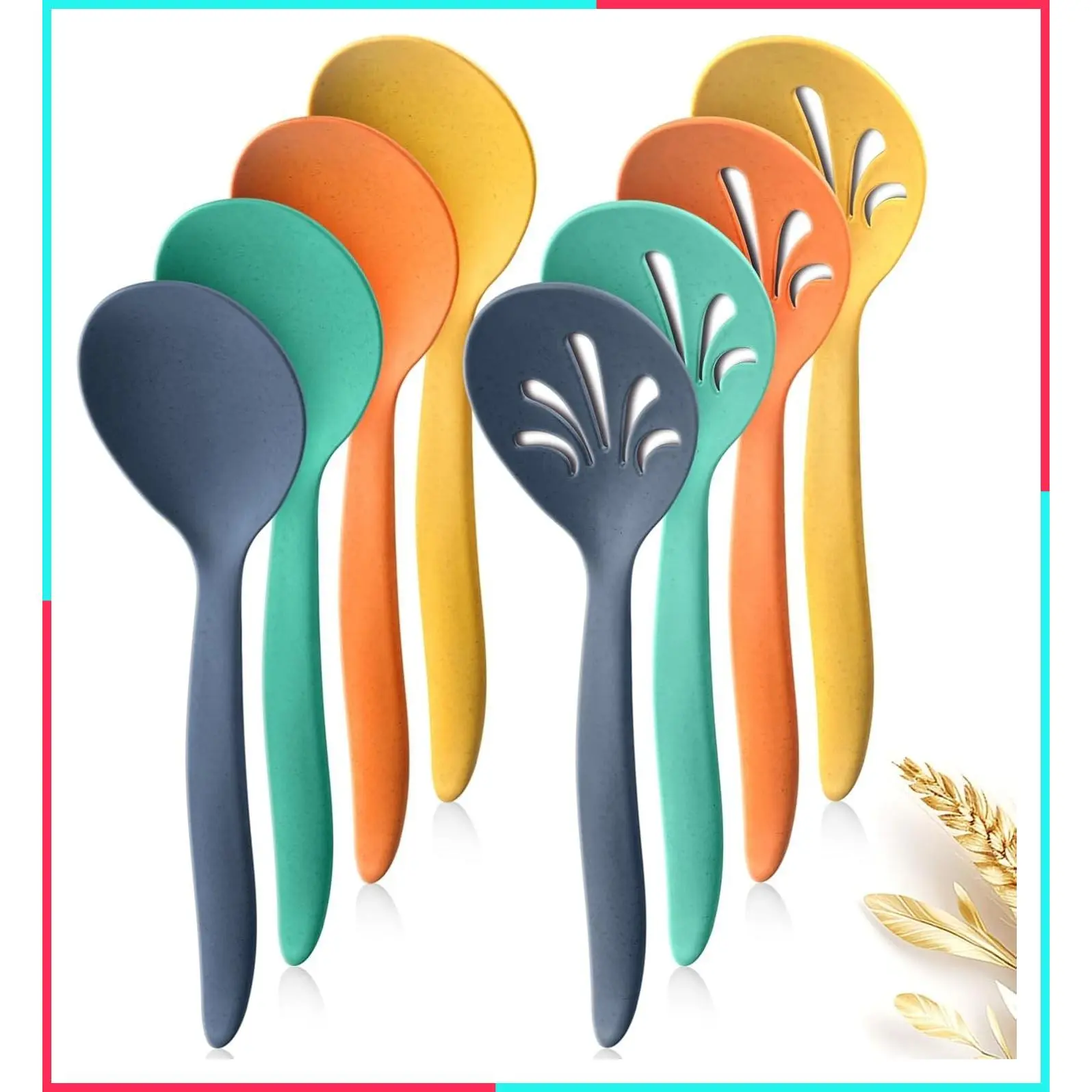 8 Pcs 10" Large Plastic Wheat Straw Serving Spoons Set, Serving Spoons & Slotted Spoons, Kitchen Mixing Serving Spoon for Party Buffet Catering (Orange/Blue/Yellow/Green, Not for Cooking)