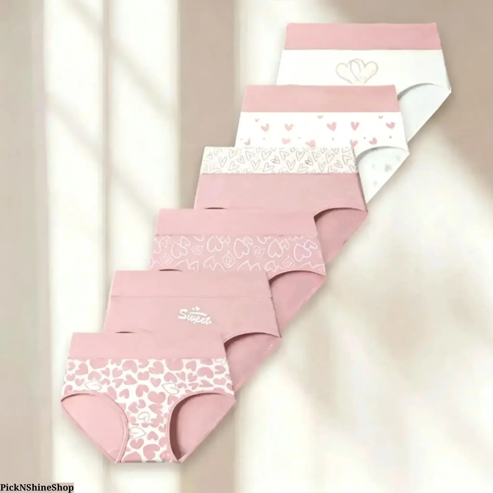 Cute Pink Heart Underwear Set, 6-Pack Soft Everyday Panties for Coquette Outfits, Self-Care Days & Drawer Refresh Women’s 6-Pack Underwear, Soft Stretch Mid-Rise Briefs with Cute Heart Prints, Everyday Panties for Comfort & Daily Wear**