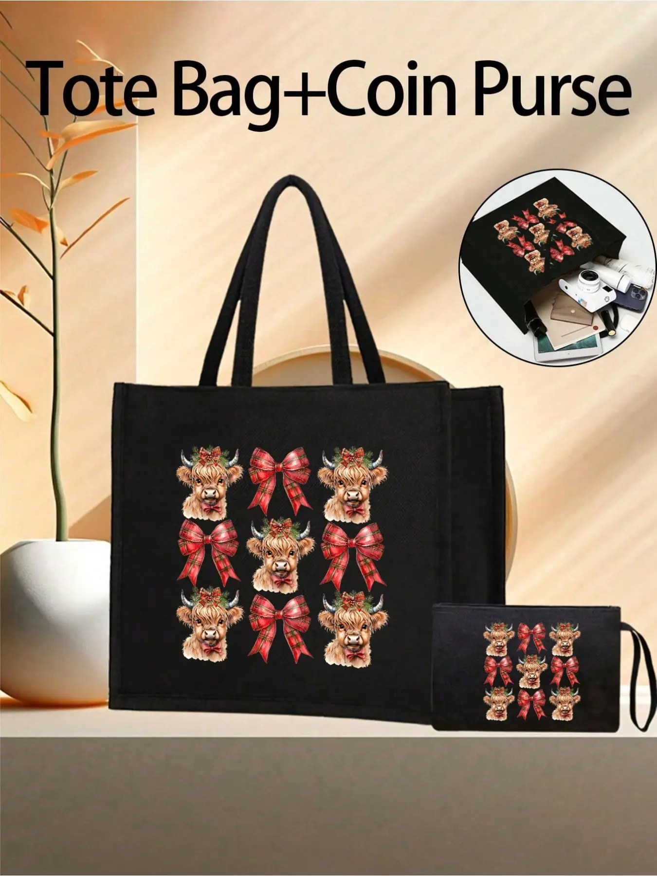 Christmas Highland Cow & Bow Print Large Capacity Women's Handbag Set, Fashionable, Spacious, Perfect for Work and Travel, Holiday Theme