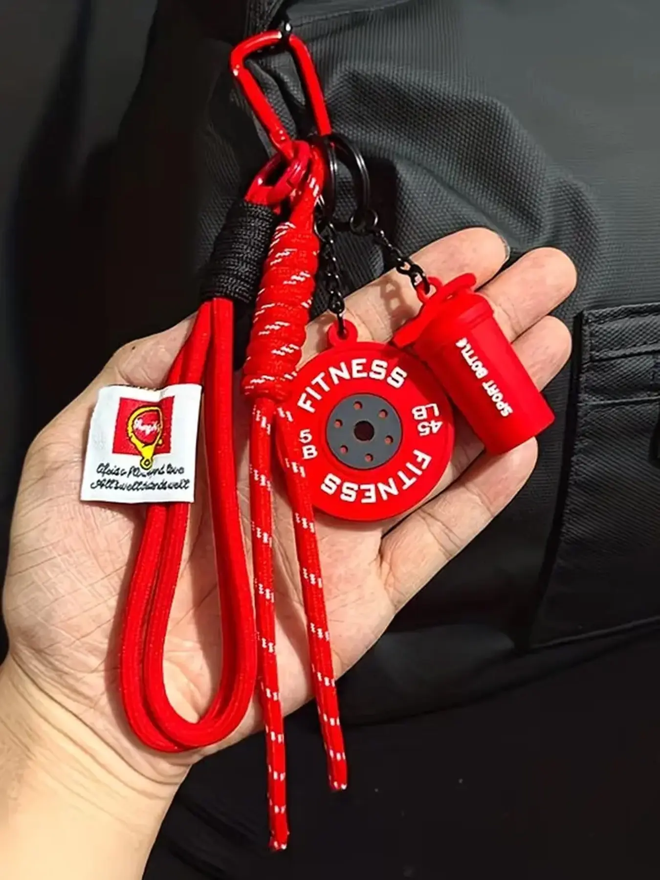 Fitness Theme Keychain Set, Sport Bottle & 45LB Weight Plate Bag Charm with Braided Rope & Fabric Tag, Anti-lost Accessory for Backpacks, Keys & Handbags, Lovely Gift for Gym Lovers & Teens