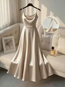 Elegant Satin Dress for Women, Handmade Beaded Strapless Evening Gown, Waist Cinched Design, Pure Color Luxury Fashion