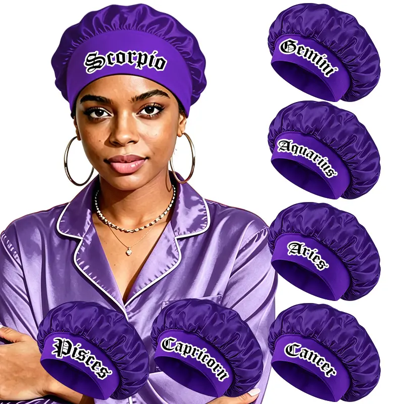 Zodiac Satin Hair Bonnet for Women, Purple Wide Band Sleep Bonnet with Edge Guard for Natural Curly Hair and Braids, Hair Bonnets