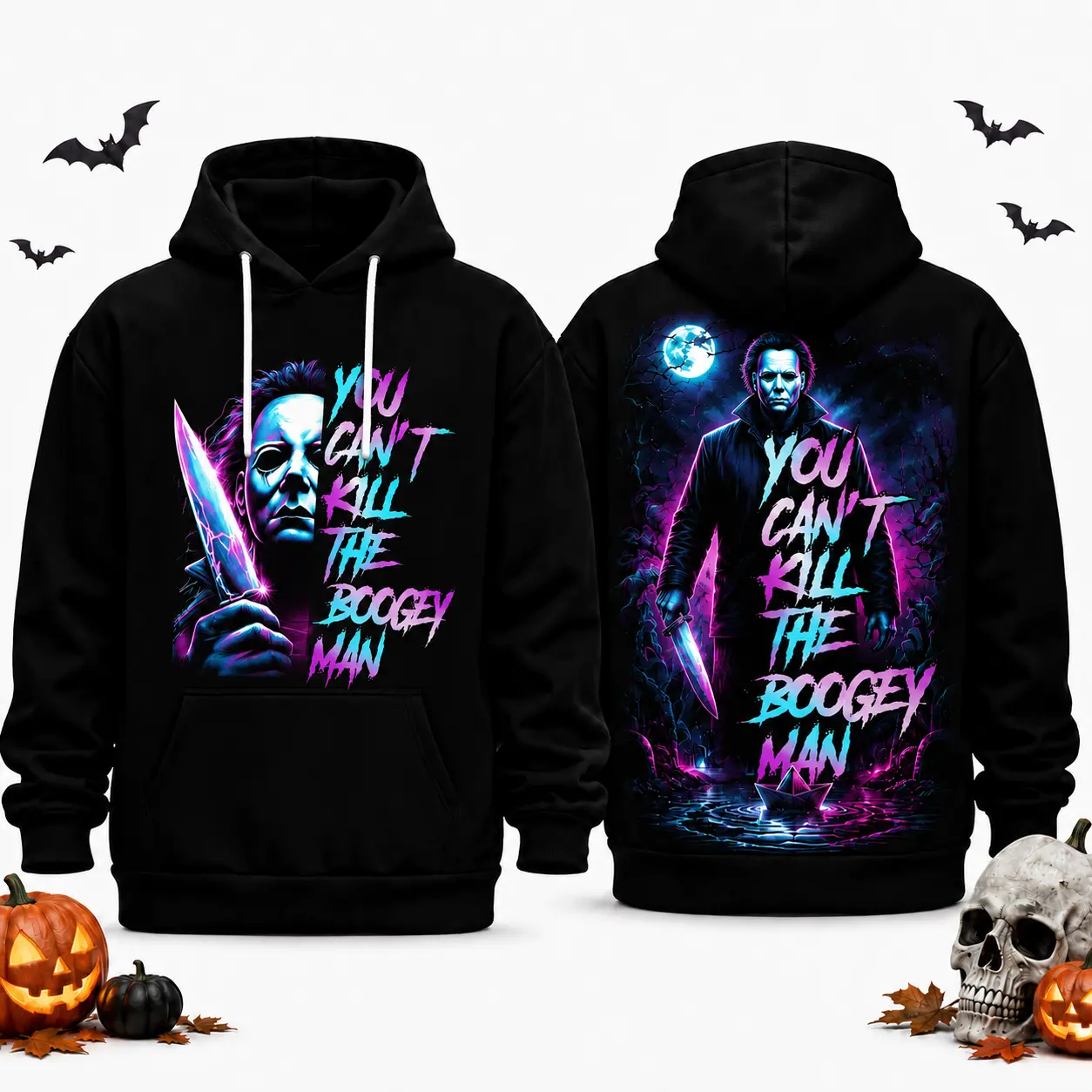 Unisex Horror Movie Villain Double Sided Graphic Hoodie, Retro Neon Scary Character Printed Pullover Hooded Sweatshirt, Spooky Halloween Gift