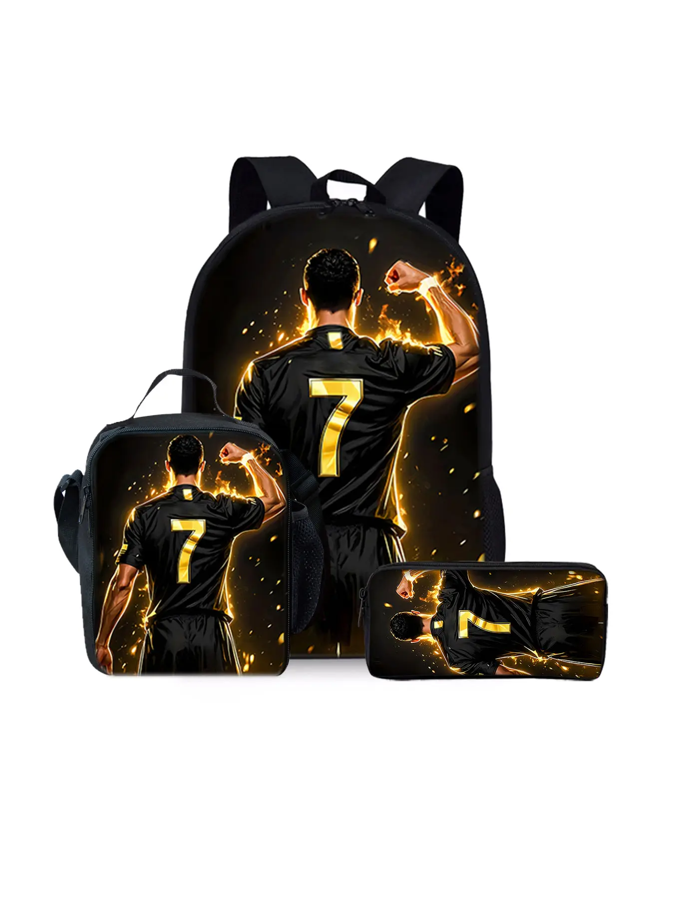 3-piece backpack set with 2D printed football elements, lightweight large-capacity bag set, suitable for outdoor trips and daily school use. The set includes a backpack, lunch bag and pencil case, making it an ideal holiday gift for children and friends.