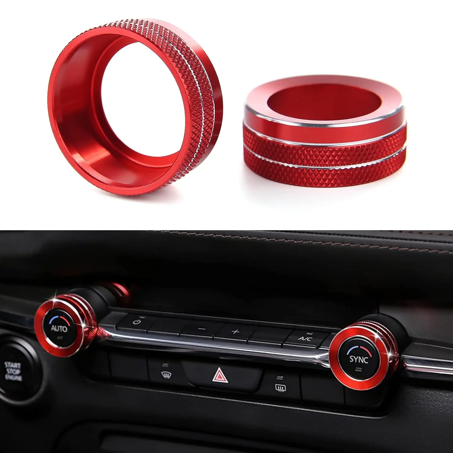 Custom Fit Car Center Console AC Knob Cover Rings - 2 Pcs/Set, Compatible with Mazda 3 6 CX-5 CX-30 CX-50, Sporty Interior Decoration Caps, Red, Enhances Sporty & Cool Look