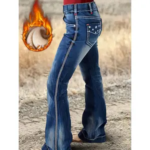 Winter Aurora High-Waist Flared Jeans |   Women'S Star Gradient Embroidered Denim Pants With Polar Fleece Lining & Windproof Stitching.Curve-Flattering Stretch, Northern Lights Wash, Ski Trips To Cafe Dates
