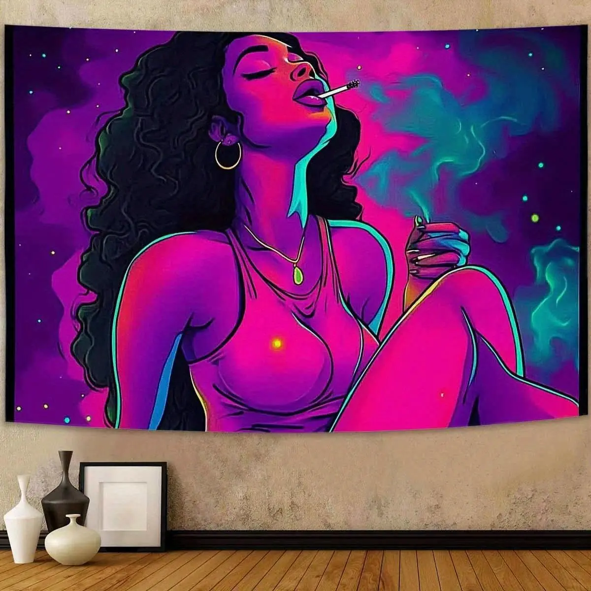Psychedelic Starry Night Girl Tapestry, Purple-Pink Gradient Starry Sky Design, Lightweight Wrinkle-Resistant Hanging Photo Backdrop, All-Seasons Living Room Sofa Music Space Decor for Home & Festive Party Supplies