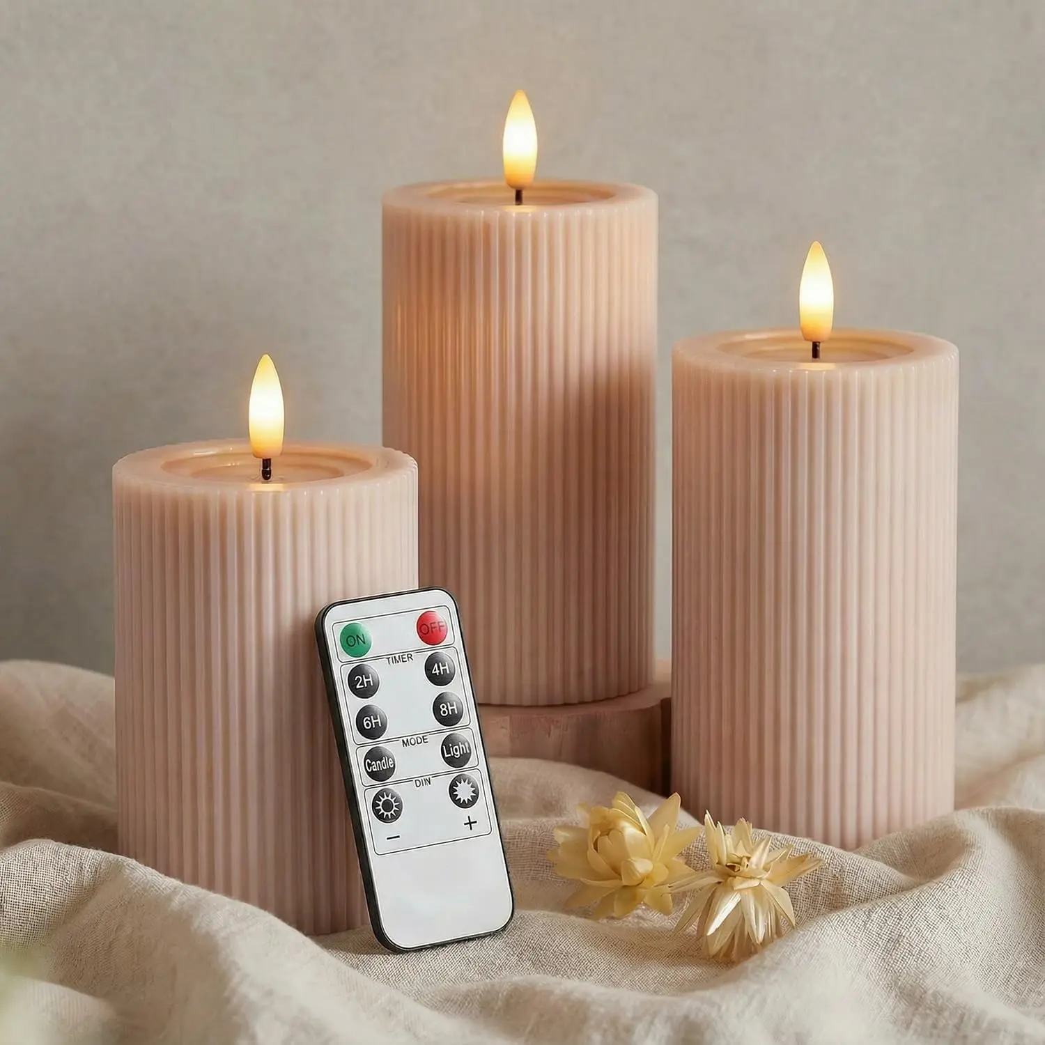 Fluted Ribbed LED Pillar Candles Set of 3, Blush Beige, Realistic Reflective Melted-Wax Effect - Flickering Flame, Remote-Controlled, Dimmable, Flameless, Battery-Operated, Home & Wedding Decor