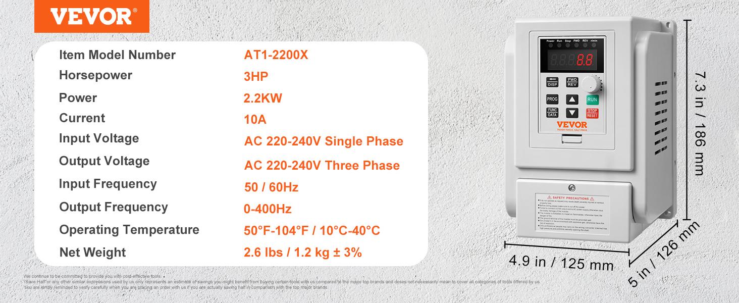 VEVOR VFD 3HP, 2.2KW, 10A, 1 Phase 220V-240V Input to 3 Phase 220V-240V Output Variable Frequency Drive, 0-400Hz VFD for AC Motor Speed Control VEVOR VFD 3HP, 2.2KW, 10A, 1 Phase 220V-240V Input to 3 Phase 220V-240V Output Variable Frequency Drive, 0-400Hz VFD for AC Motor Speed Control