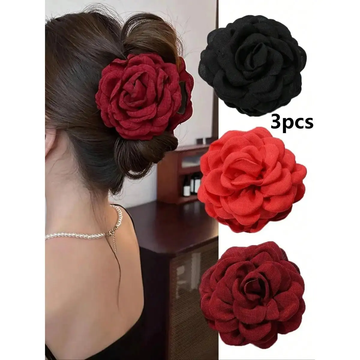 Women's 3PCS Oversized Plain Fabric Rose Hair Clips Set - Soft-Feel Flower Barrettes, Secure Grip Updo Clips for Wedding Party & Daily Wear, Elegant Fashion Accessory Set, Accessories For Women, Oversized Claw, Multi-Layer Rose