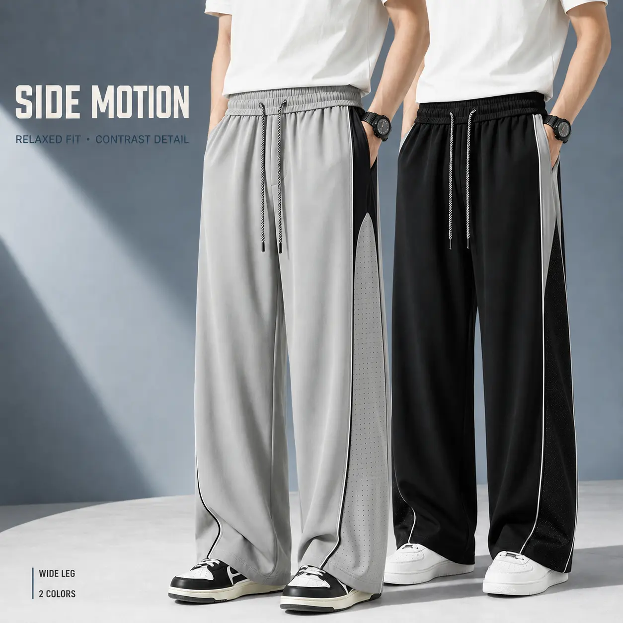 Men's Side Striped Wide Leg Pants Casual Loose Straight Trousers Streetwear Drawstring Sweatpants