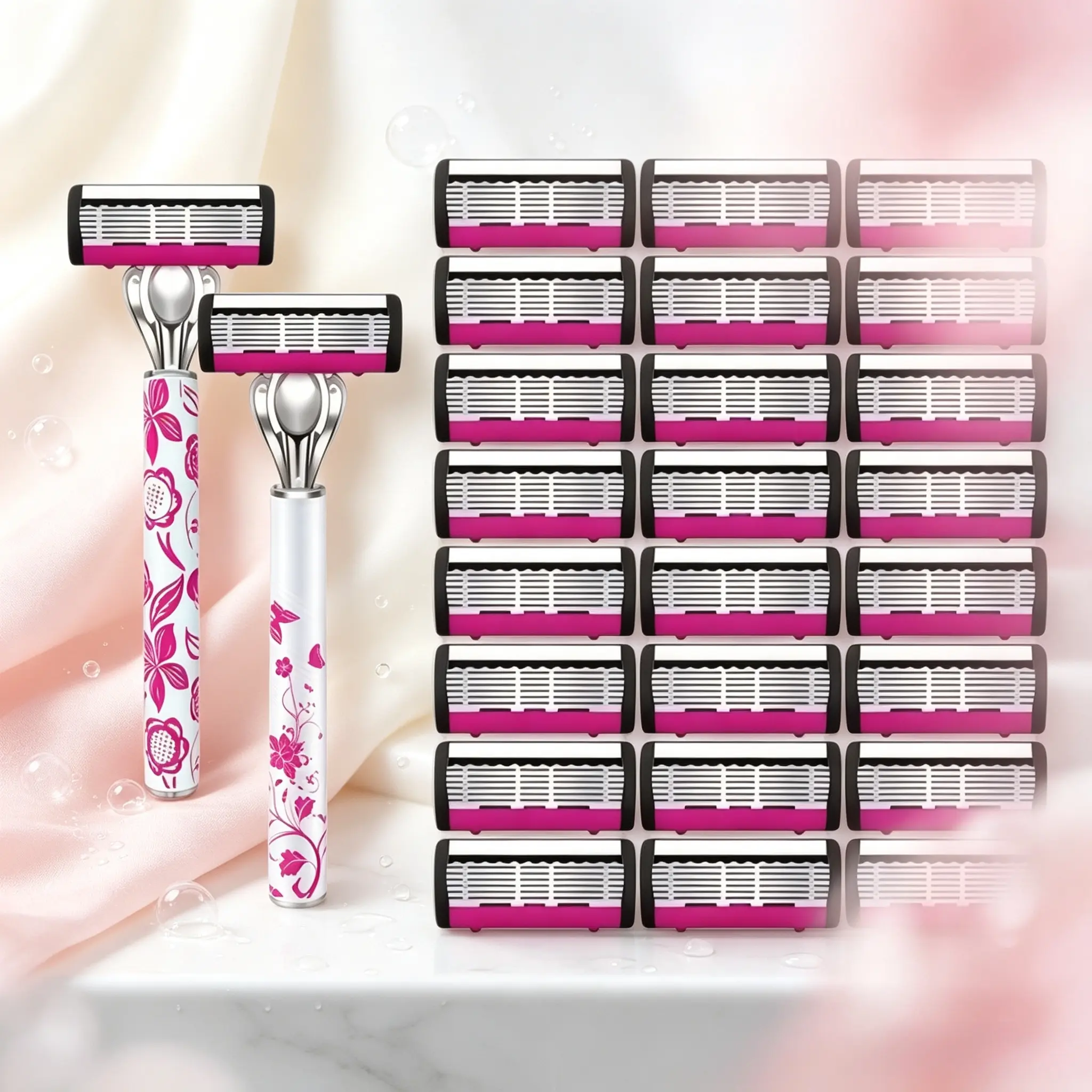 Full-body 5-blade women razor with abundant replacement refills, ergonomic grip for easy control. Safe blades prevent cuts, great for legs, underarms and intimate bikini area, affordable kit for home and beauty salon daily shaving.