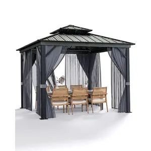 Hardtop Gazebo with Curtains and Netting, Galvanized Aluminum Double Layer Iron Roof Weather Resistant, Spacious, Easy Assembly, Patio Gazebo for Patio, Garden and Lawn
