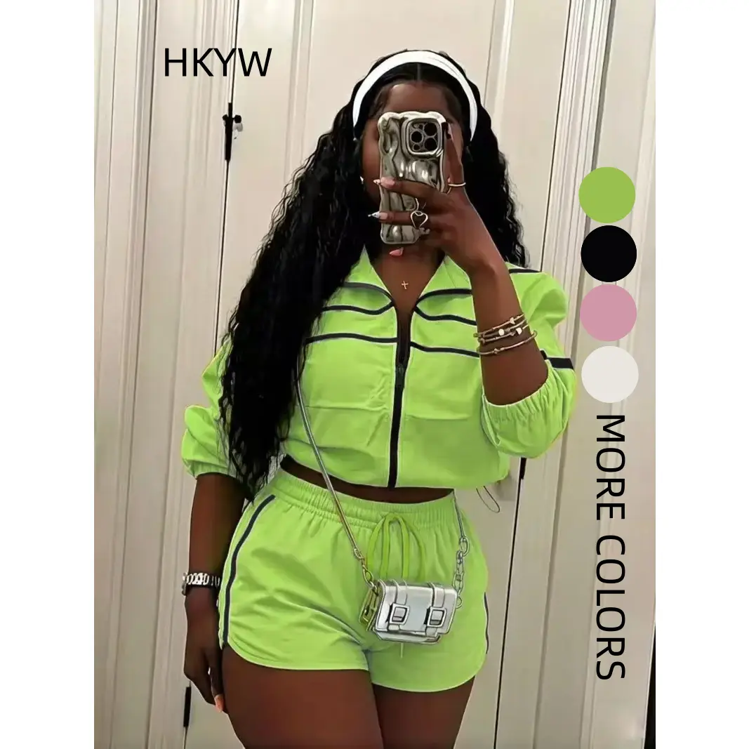 Women Contrast Piping Zip Stand Collar Cropped Jacket & Elastic Drawstring High Waist Shorts 2 Piece Sport Tracksuit Summer Street Casual Matching Outfit Multiple Colors Available