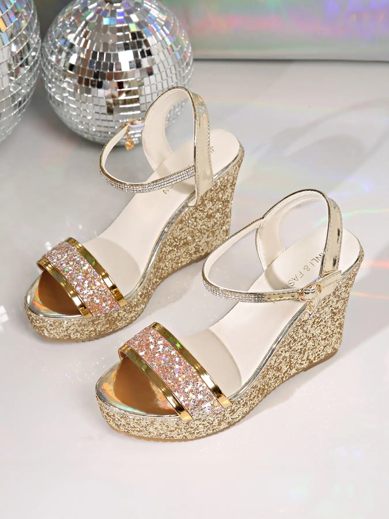 Women's Elegant Glitter Platform Wedge Sandals Rhinestone Ankle Strap Open Toe Adjustable Buckle High Wedge Heels Soft Cushioned Insole Vacation Party Footwear Two Colors Gold Silver