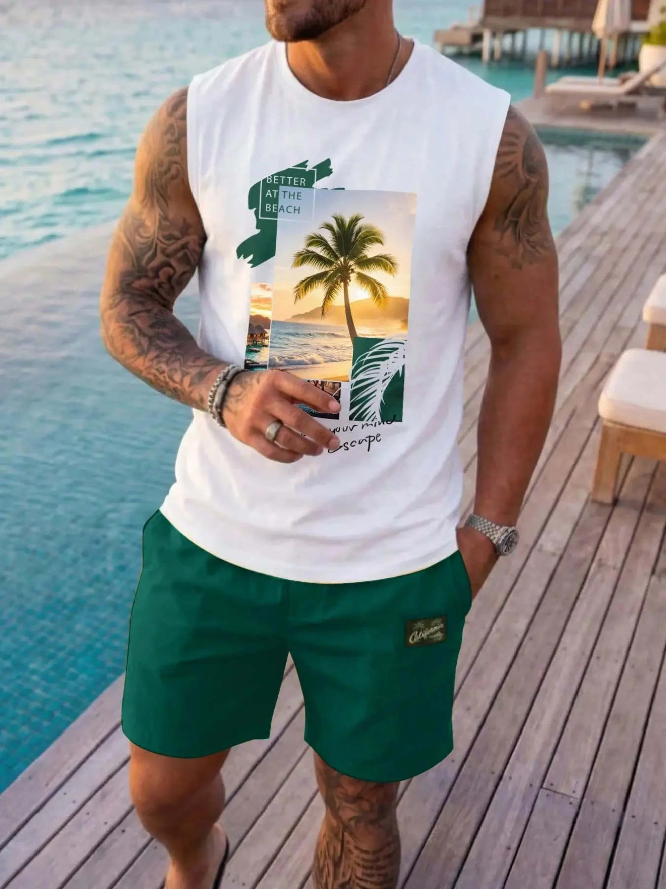 Men Tropical Beach Coconut Tree Print 2 Piece Outfit Matching Sets Sleeveless Tank Top Solid Blue Drawstring Shorts Summer Vacation Casual Co Ord Set