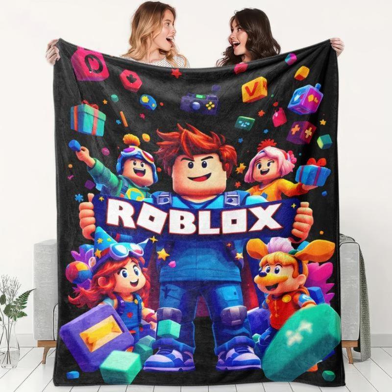 Roblox Flannel Blanket - Soft Skin-Friendly Breathable Warm Block Design for Bedroom Living Room Nap Halloween Christmas Gift