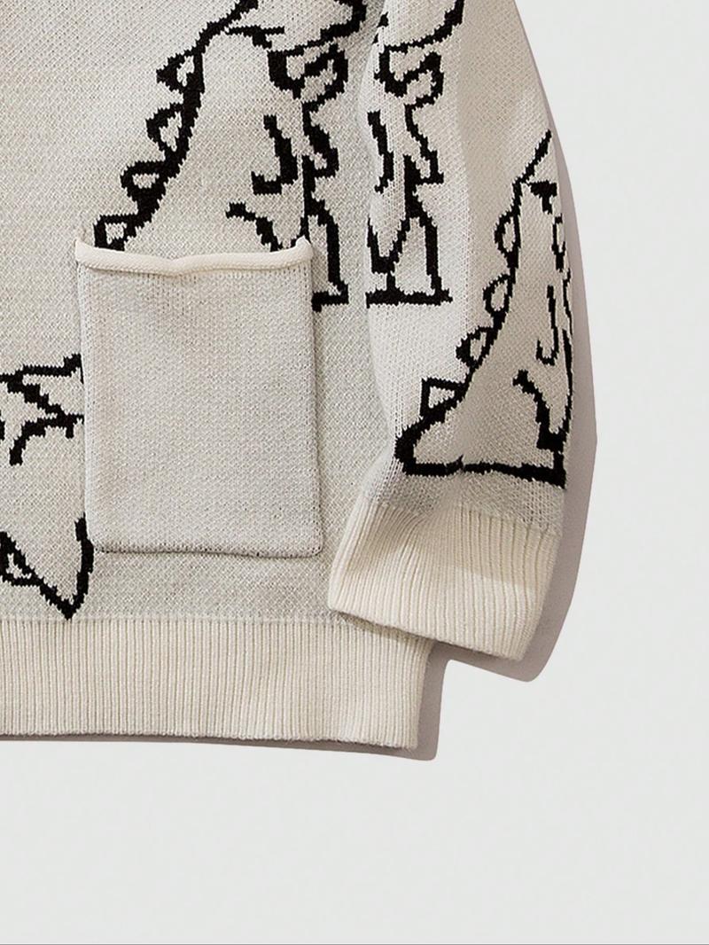 Men's Cartoon Dinosaur Print Pocket Button Front Cardigan, Loose Casual Drop Shoulder Long Sleeve V Neck Knitwear for Spring & Fall, Fashion Men's Knit Clothing for Daily Wear, Cartoon Print Sweater