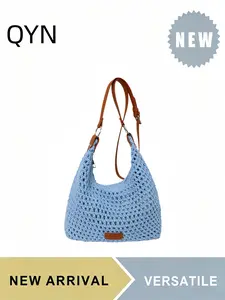 QYN Boho Hollow Crochet Hobo Bag for Women, Summer Woven Shoulder Crossbody Bag with Adjustable Leather Strap, Fully Lined Interior, Lightweight Breathable Straw Bag, Perfect for Beach Vacation Shopping Daily Use, Casual Fashion Handbag,