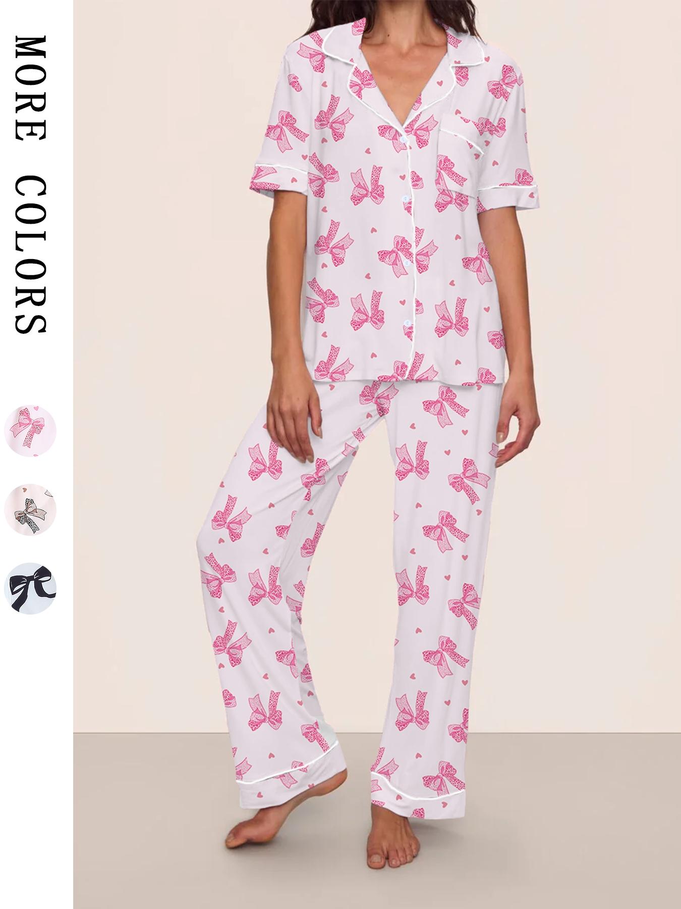 Women's Leopard Print Fitted Pajama Set with Bow Tie, Short Sleeve Shirt and Long Pants for All Seasons, Comfortable Casual Sleepwear