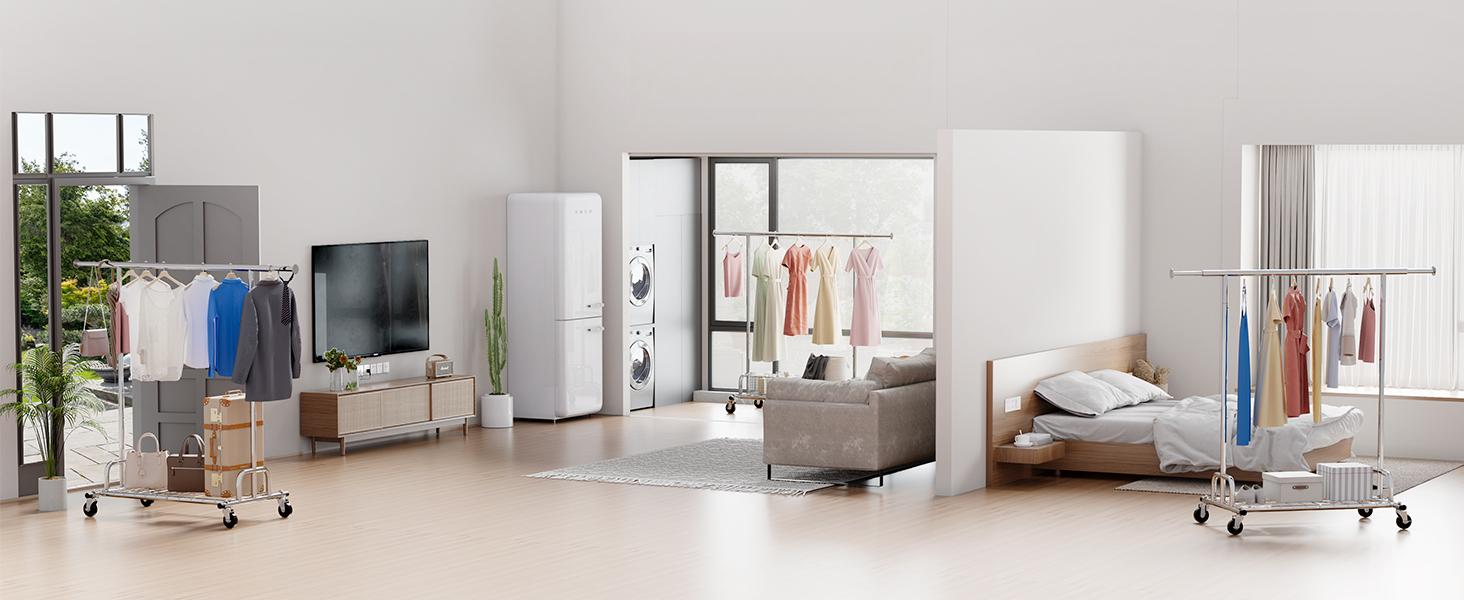 Clothing Garment Rack Capacity 525LBS Clothing Racks on Wheels Rolling Clothes Rack for Hanging Clothes Heavy Duty Collapsible Commercial