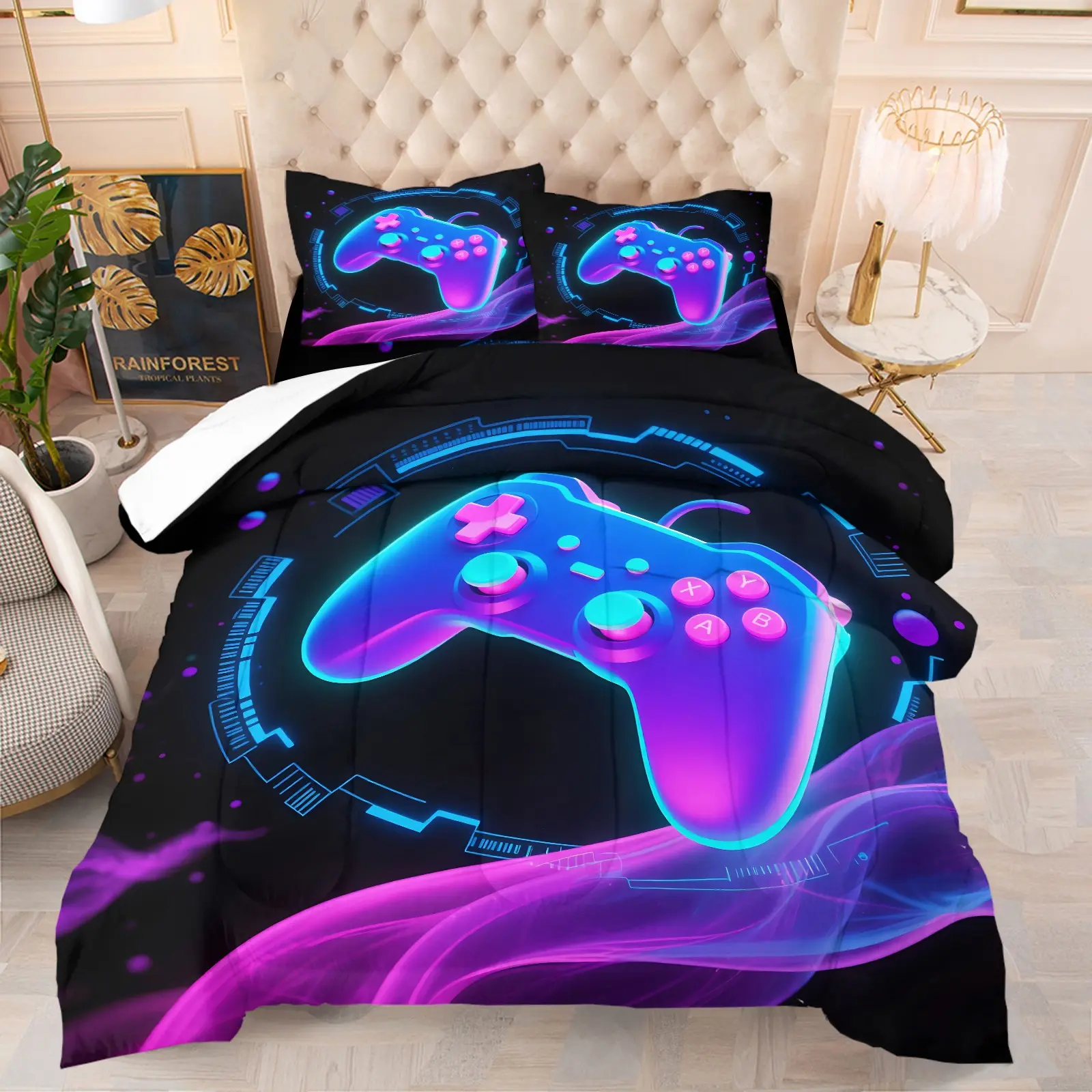 Gradient Neon Game Controller Tech Line Comforter Set, 1 Comforter + 1-2 Pillowcases, Durable Soft Comfy Washable Bed Set, High Definition Digital Print, Cool Four Seasons Gamer Style, Teen Boys Game Bedroom Bedding
