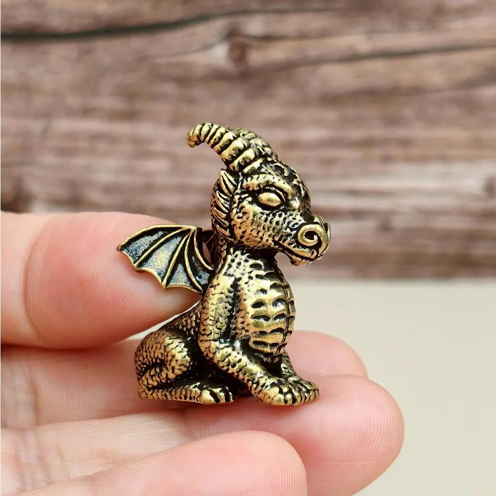Vintage Brass Baby Dragon Figurine, Mini Sitting Winged Dragon Statue, Copper Tea Pet, Fantasy Desktop Ornament, Decorative Sculpture