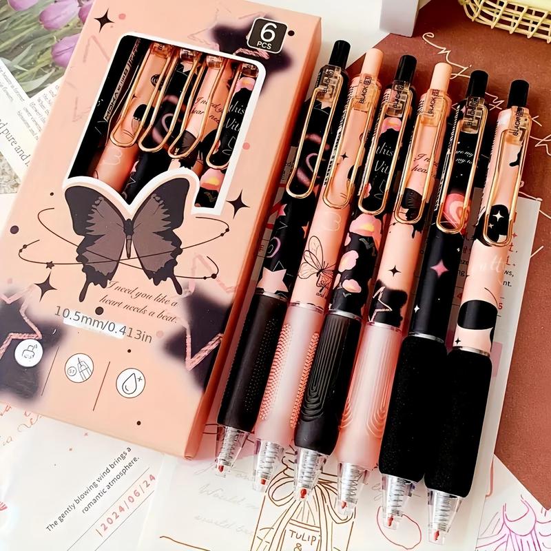Butterfly Design Gel Pen, 6 Counts/set Black Ink Retractable Gel Pen, Writing Pen for Office School Student