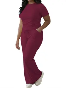 Women's Casual 2-Piece Tracksuit, Ribbed Short Sleeve T-Shirt & Drawstring Wide Leg Pants, Comfortable Loungewear for Home & Streetwear