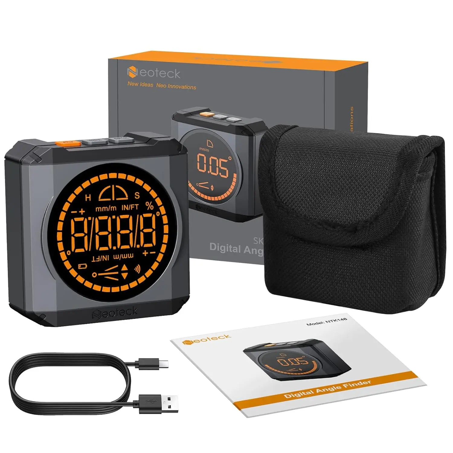 Neoteck Digital Angle Finder - LED Display, Rechargeable Level Box, Magnetic Base, IP54 Waterproof Protractor Bevel Gauge Inclinometer for Woodworkers, Home Use