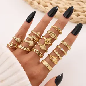 2026 Vintage Boho Gold Rings Set for Women Y2K Opal Sun Moon Crystal Joint Finger Ring Pack Stackable Jewelry Gift Summer Vacation Music Festival