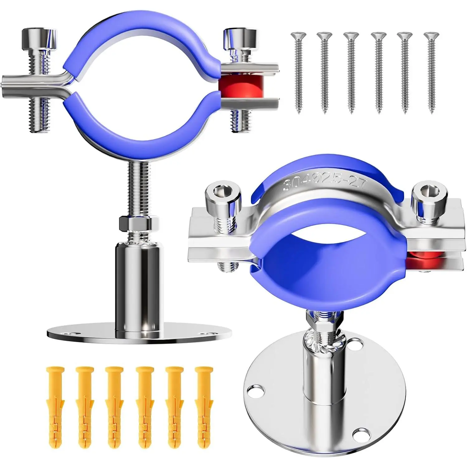 2 Pack Wall Mount Ceiling Mount Pipe Supports Suitable for OD Pipe 25-27mm Adjustable Height 30-50mm Adjustable Pipe Strap Clamp with Screws Stainless Steel