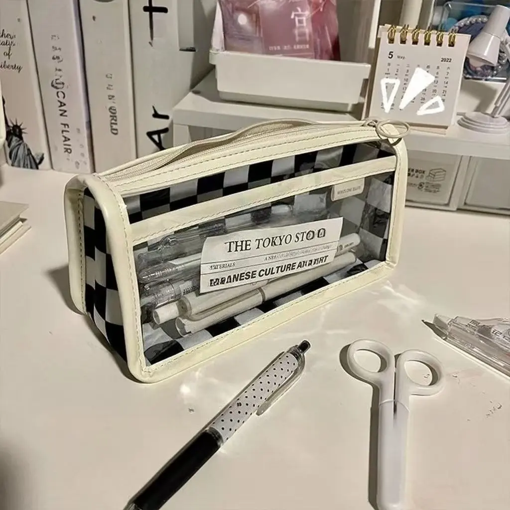 Black and white checkered transparent pencil case, large-capacity black and white grid storage bag, girl's Korean-style student stationery box