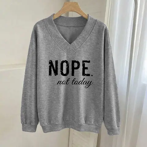 Viral TikTok Cozycore "NOPE" Slogan Print Oversized V-Neck Comfy Casual Loungewear Graphic Sweatshirt for Women, Fashion Streetwear Y2K Drop Shoulder Soft Breathable Relaxed Fit Long Sleeve