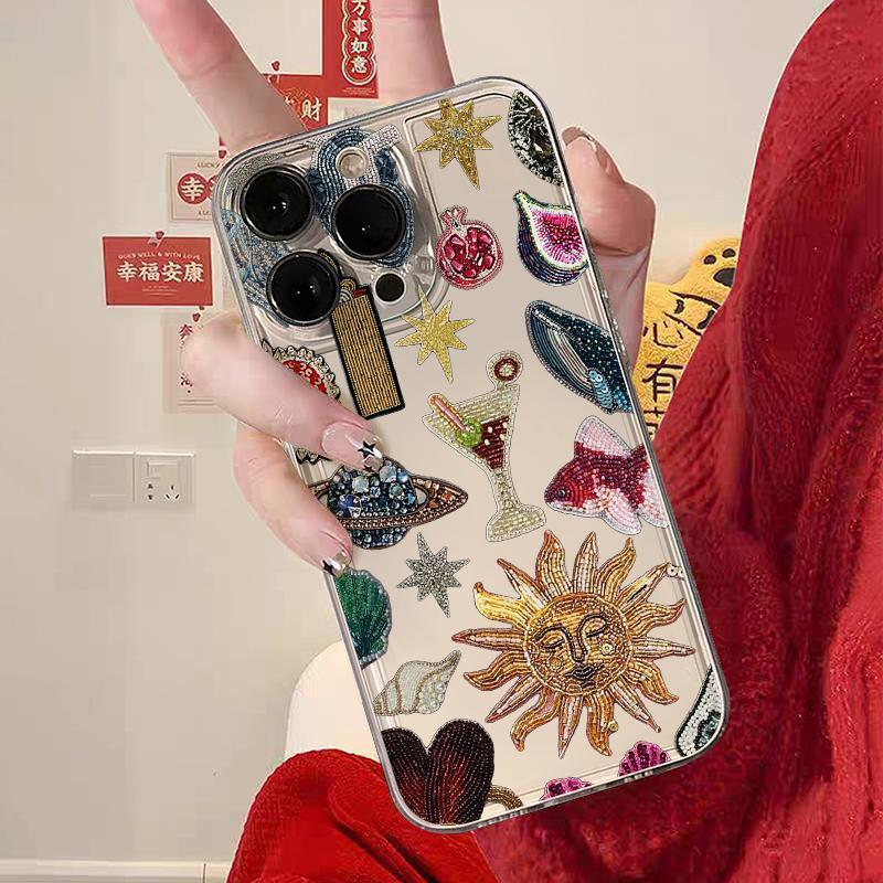 Beads Pattern Phone Case, Rhinestone Decor Phone Protective Cover, Phone Accessory Compatible with iPhone 16 15 14 13 12 11 X Pro Max Plus Mini