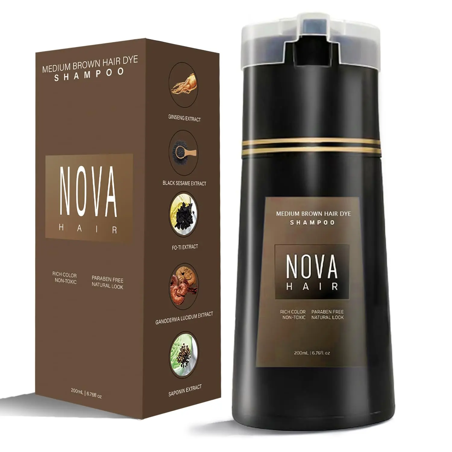 Nova Hair Dye Shampoo,Nova Hair Instant,Nova Hair Dye Shampoo 3 in 1, for Men & Women. (200ml Brown)