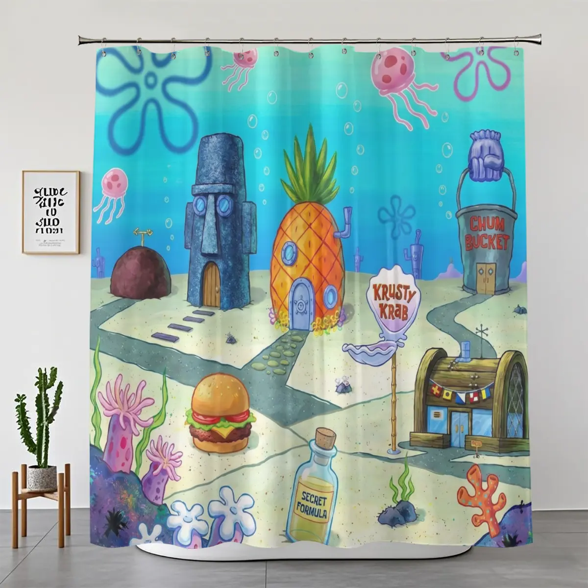 1/4pcs Y2K Nostalgic Cartoon Underwater City Bathroom Shower Curtain and Mat Set, Pineapple House Secret Burger Formula IYKYK Meme Decor, Funny Kids Restroom Accessories Non-Slip Rug Waterproof