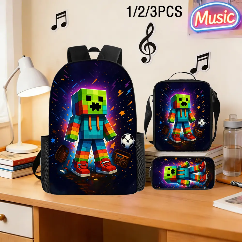 Kids' 3Pcs Creeper Print Minecraft Style Backpack Set Pack, 600D Oxford Cloth Durable Bag with Insulated Lunch Bag & Pencil Case, Adjustable Breathable Straps, 15in Laptop Capacity for School Travel