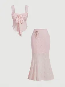 Vacation Style Lace Fishbone Halter Top and Tail Skirt Set, Slimming Sweet Two-Piece, Elegant Polka Dot Dress for All Seasons