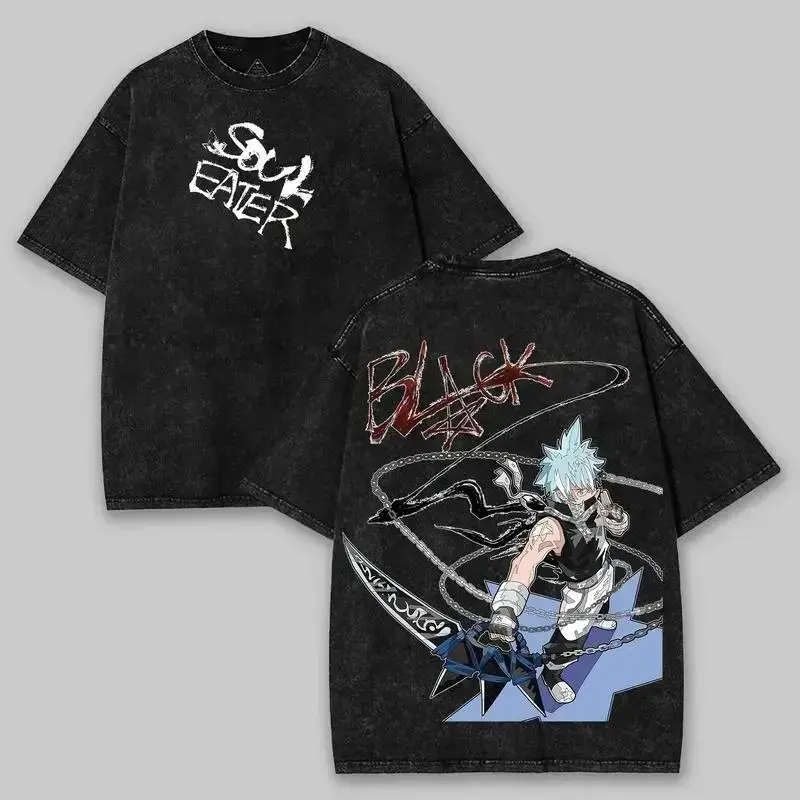 Soul Eater Black Star Anime Washed Cotton T-Shirt - Unisex Crew Neck Shortsleeve Apparel, Retro Black Regular Fit Top, Seamless Breathable Japanese Manga Merchandise, Men's Casual Retro Streetwear Summer Tee, Oversized, Classic