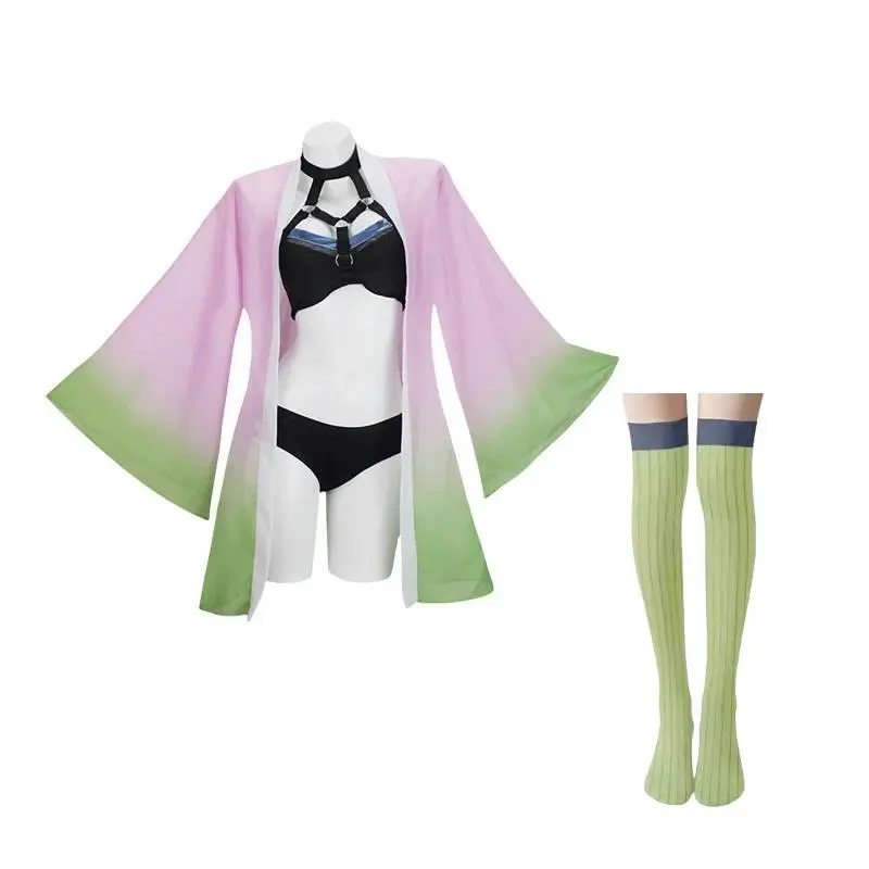 Kanroji Mitsuri Sexy Beach Summer Bikini Swimsuit Cosplay Costume Women Bathing Suit Wig Socks Full Sets