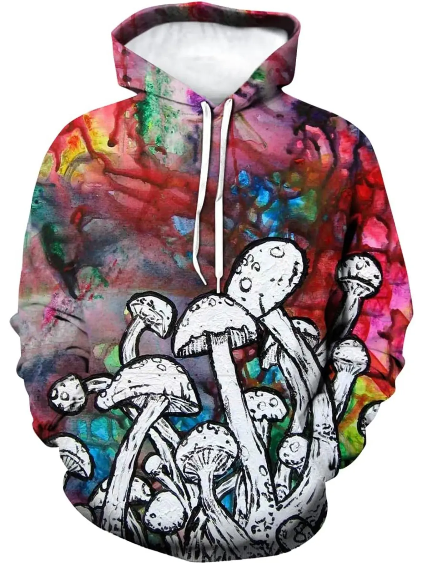 Colorful splatter-painted hand-drawn mushroom print hoodie, hip-hop streetwear fashion top