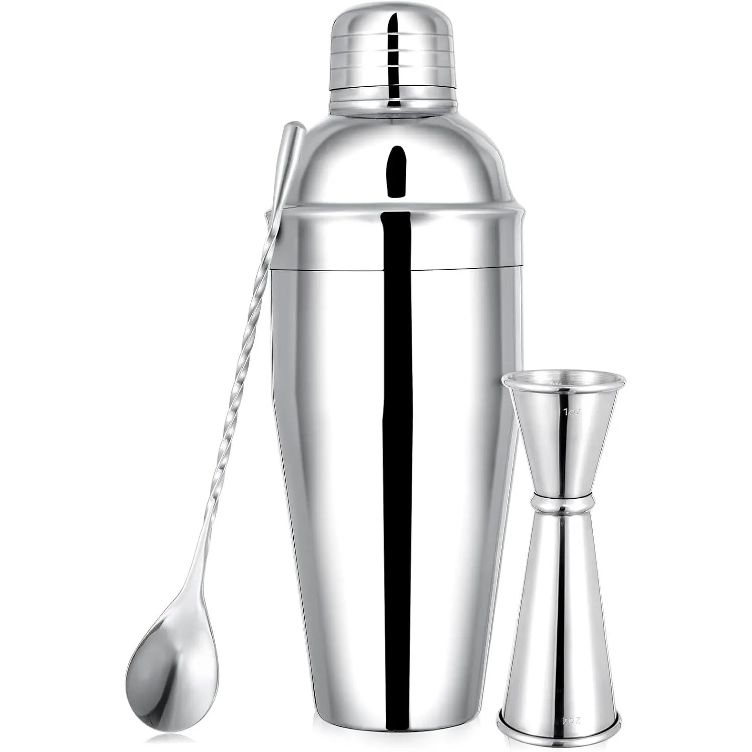 BARsics 24oz Stainless Steel Bar Cocktail Shaker, 1oz/2oz Jigger and 8" Mixing Spoon