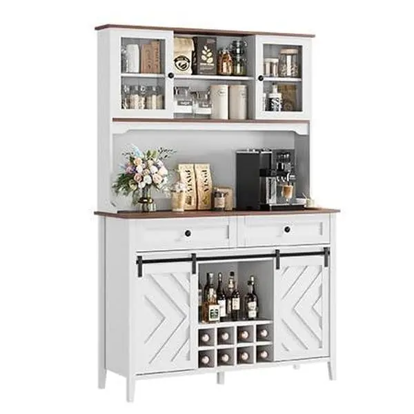 72" Farmhouse Bar Cabinet with Sliding Barn Door and Hutch - Large Buffet with Wine Storage, Coffee Bar, Charging Station, 2 Drawers, 8 Shelves, LED Lighting - Rustic Dining Room Furniture