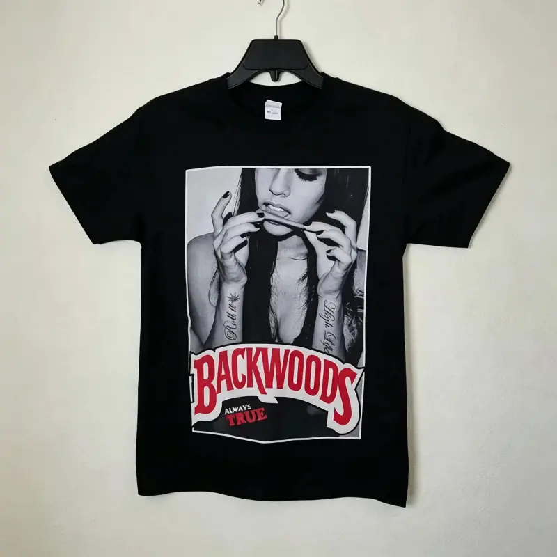 Cool "Backwoods" printed black oversized baggy T-shirt, 100% cotton crew neck short sleeve boxy graphic tee for men-summer streetwear, Y2K festival skater casual outfits graphic tees