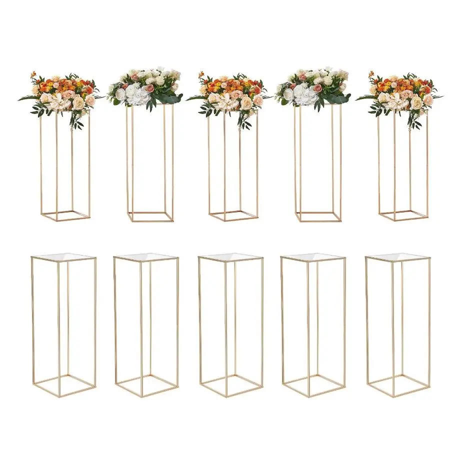 10PCS 31.5in Secure Gold Rectangular Geometric Metal Vase Column Flower Stand Set with Acrylic Laminate - Wedding Centerpieces, Home Decor