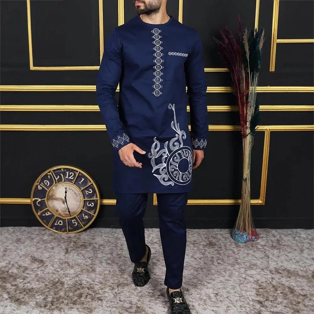 Kaftan Pink Wedding Men's Suit Pockets Tops Pants African Ethnic Taditional Clothing Outfits Kaunda Suits Fashionable 2PCS Set