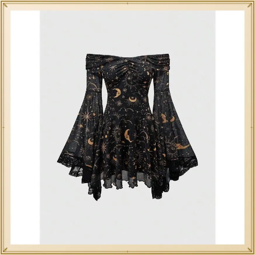 Goth Gothic Retro Mysterious Star & Moon Allover Print Off Shoulder Bell Sleeve Mesh A-Line Dress