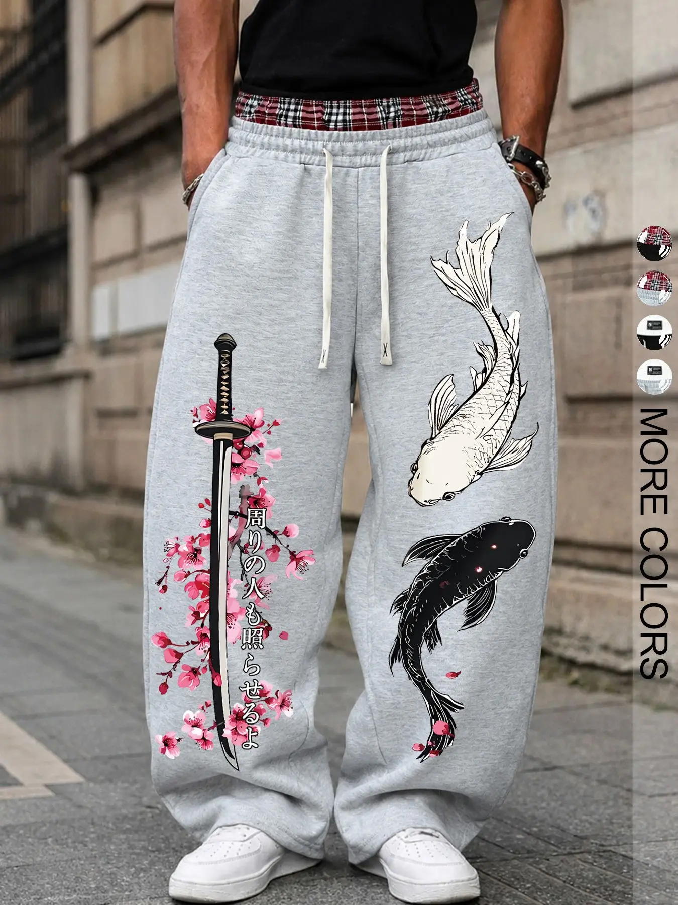 Japanese Aesthetic Baggy Sweatpants - Men's Samurai Sword & Sakura Graphic Wide Leg Joggers - Streetwear Skater Pants Print Pants Casual Daily Wear Trousers